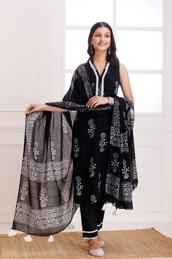 Black butta hand block print moonga suit set