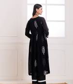 Black butta hand block printed moonga cotton gathered suit set