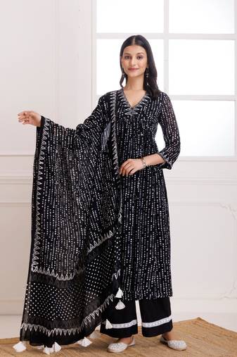 Black polka hand block printed moonga cotton gathered suit set