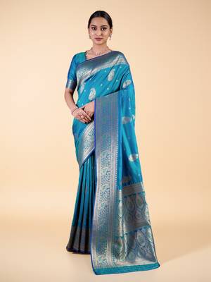 Cyan Blue Banarasi art Silk Saree with Silver Zari Weaving 1