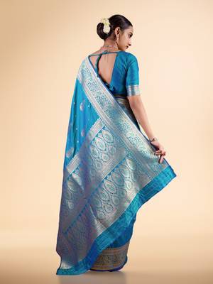 Cyan Blue Banarasi art Silk Saree with Silver Zari Weaving 2