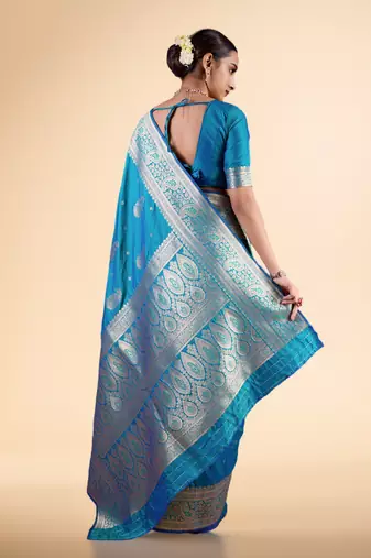 Cyan Blue Banarasi art Silk Saree with Silver Zari Weaving