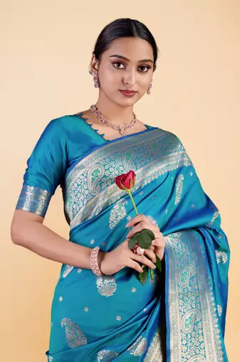Cyan Blue Banarasi art Silk Saree with Silver Zari Weaving