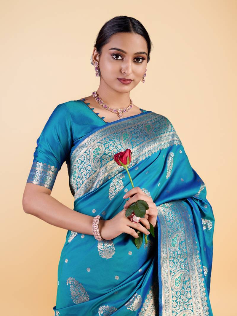 Cyan Blue Banarasi art Silk Saree with Silver Zari Weaving