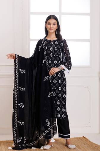 Black butti hand block printed moonga cotton suit set