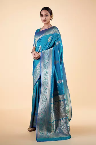 Cyan Blue Banarasi art Silk Saree with Silver Zari Weaving