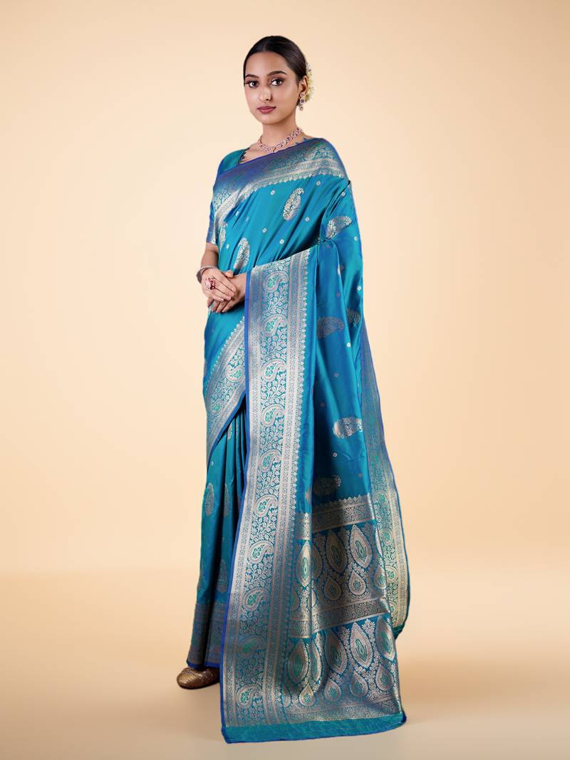 Cyan Blue Banarasi art Silk Saree with Silver Zari Weaving