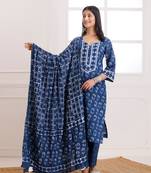 Indigo dabu hand block printed cotton suit set