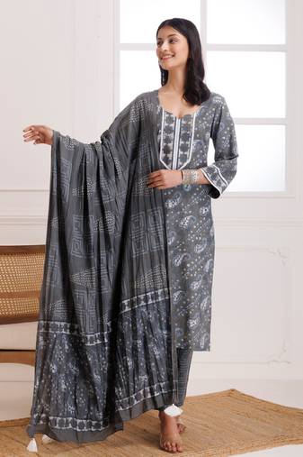 Grey dabu hand block printed cotton suit set