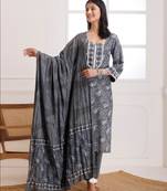 Grey dabu hand block printed cotton suit set
