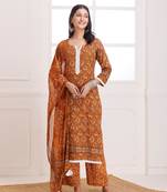 Mustard dabu hand block printed cotton suit set