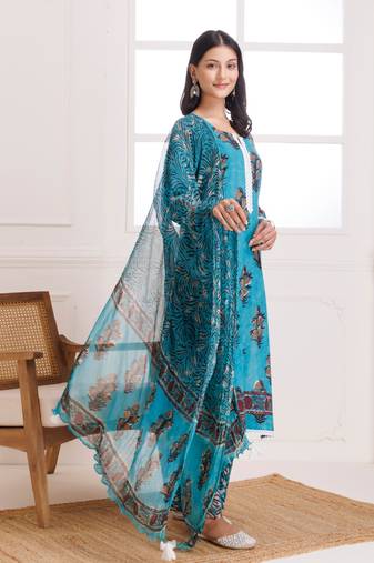 Turquoise hand block printed cotton suit set