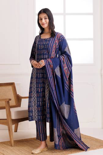 Blue handblock printed cotton suit set