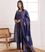 Blue handblock printed cotton suit set