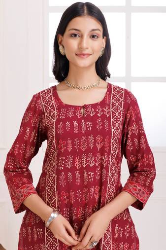Wine handblock printed cotton suit set