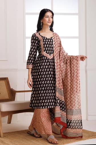 Black bagru hand printed cotton suit set
