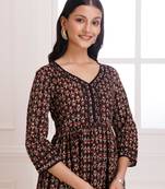 Black & red bagru hand block printed cotton gathered kurta pant