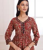 Red  & black bagru hand block printed cotton gathered kurta pant