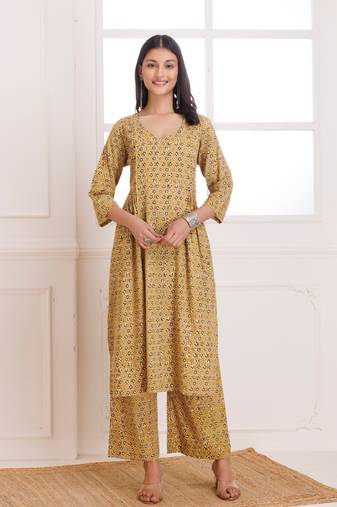 Mustard bagru hand block printed cotton pintucks kurta pant