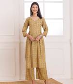 Mustard bagru hand block printed cotton pintucks kurta pant
