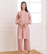 Pink dabu hand block printed cotton kurta pant