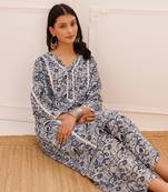 Indigo & white dabu hand block printed cotton kurta pant