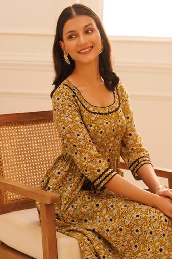 Mustard bagru hand block printed cotton gathered kurta pant