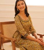 Mustard bagru hand block printed cotton gathered kurta pant