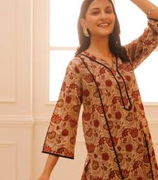 Beige & red bagru hand block printed cotton kurta pant