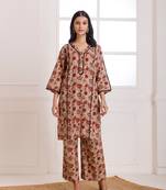 Beige & red bagru hand block printed cotton kurta pant