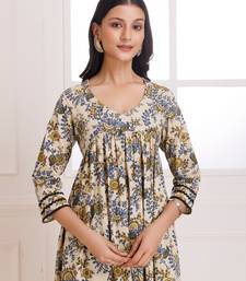 Beige bagru hand block printed cotton gathered kurta pant