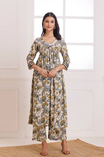 Beige bagru hand block printed cotton gathered kurta pant