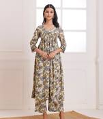 Beige bagru hand block printed cotton gathered kurta pant