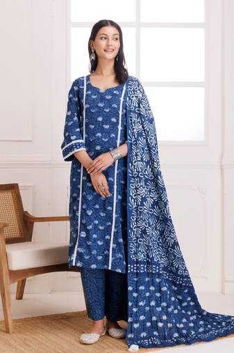 Indigo lotus dabu hand block cotton suit set