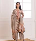 Beige bagru hand block printed cotton suit set