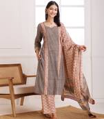 Black bagru butti hand block printed cotton suit set