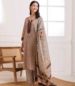 Beige & red bagru hand block printed cotton suit set