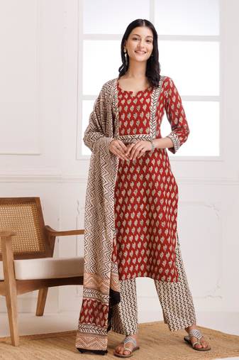 Red bagru butti block printed cotton suit set
