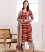 Red bagru butti block printed cotton suit set