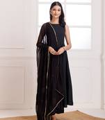 Black mulmul hand block print anarkali suit set