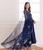Blue mulmul hand painted anarkali suit set