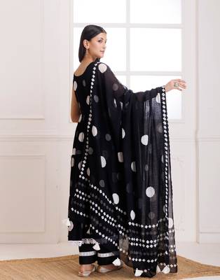 Black moonga polka dot hand block print anarkali suit set 2