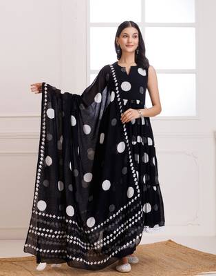 Black moonga polka dot hand block print anarkali suit set 1