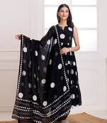 Black moonga polka dot hand block print anarkali suit set