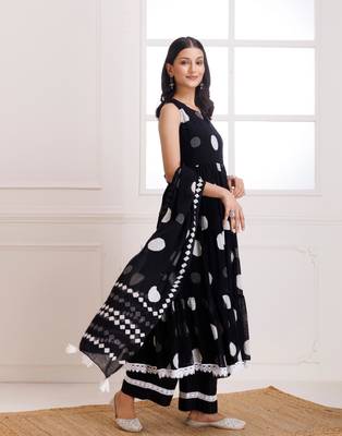 Black moonga polka dot hand block print anarkali suit set 3