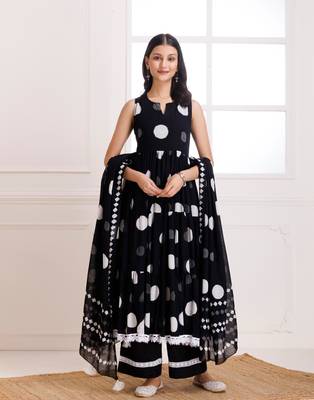 Black moonga polka dot hand block print anarkali suit set 4
