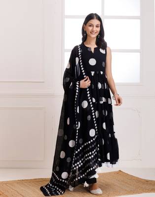Black moonga polka dot hand block print anarkali suit set 5