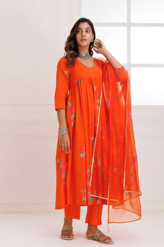 Rangreza orange handpainted gathered suit set - set of 3