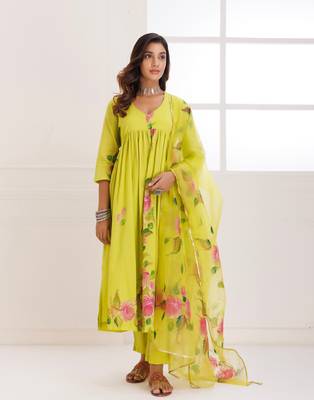Rangreza green handpainted gathered suit set - set of 3 4