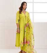 Rangreza green handpainted gathered suit set - set of 3